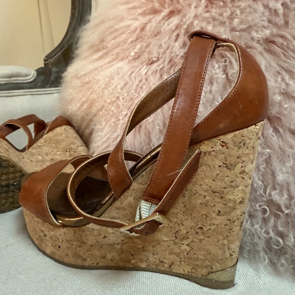 Jimmy Choo Portia Wedge Cork Leather Platform Sandal 37 6.5 7 - Picture 4 of 9